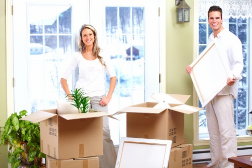 Organized boxes and furniture in a self storage unit